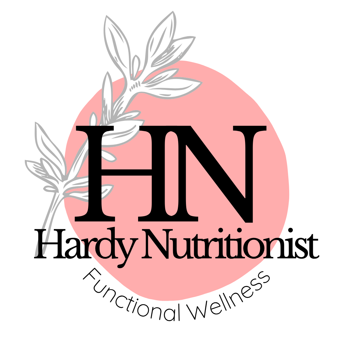 The Hardy Nutritionist logo: a pink circle with 'HN' in serif type, a hand-drawn sage sprig, and the words Hardy Nutritionist, Functional Wellness.