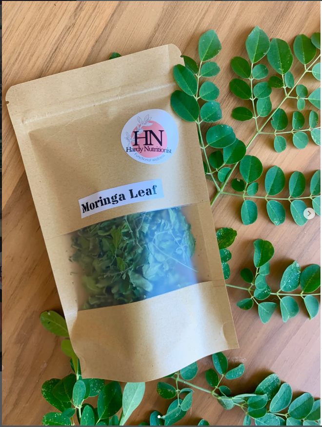 A bag of dried moringa leaf.